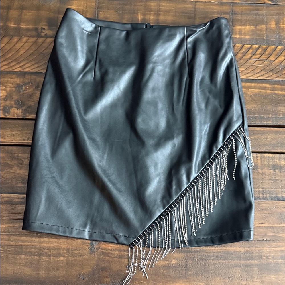 Feau Leather Skirt with  Clear stone and Silver Fringe Accents
